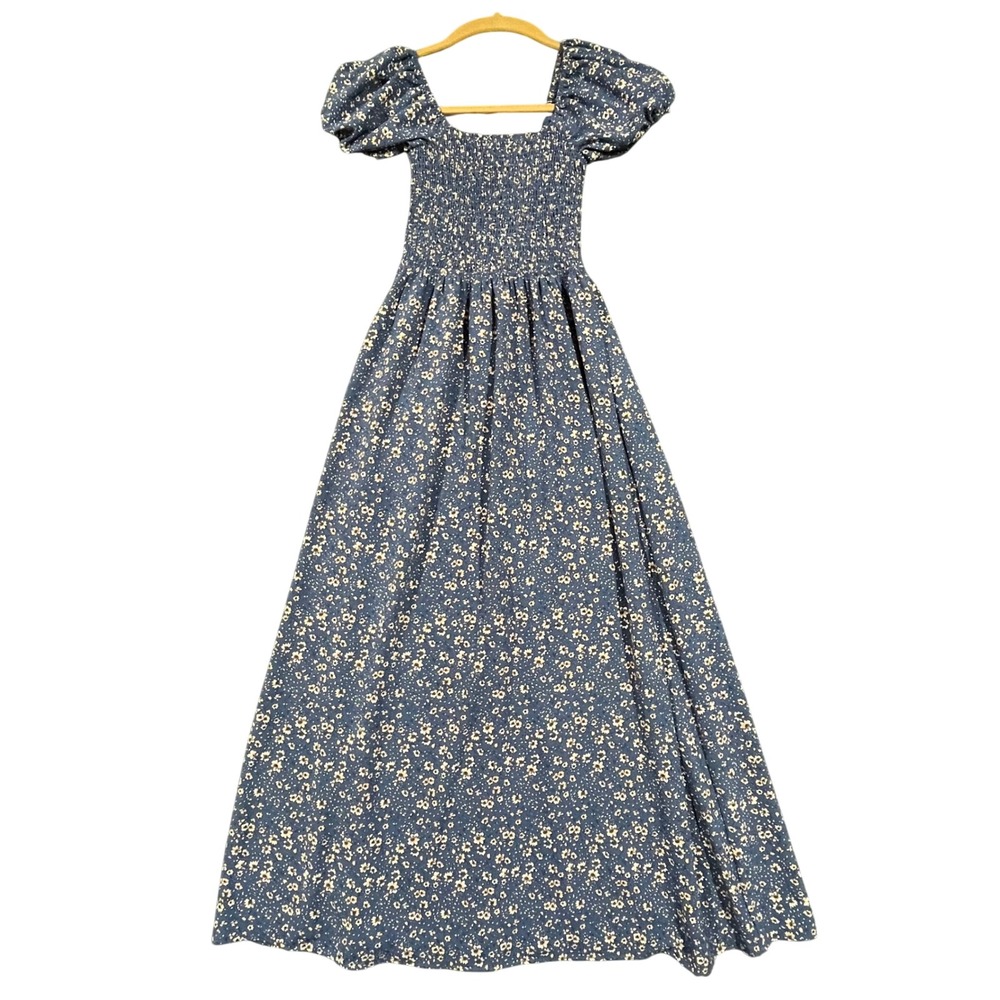 Smocked Puff-Sleeve Floral Maxi Dress in Blue